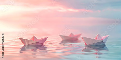 Colorful origami three boats beach sailing in water hinting childhood adventures blurred background