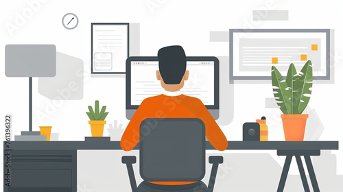 Man is sitting at desktop, Work the computer, Flat style illustration.