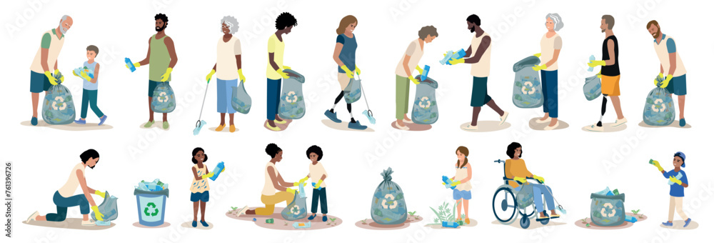 Men and women, elderly people and children of different nationalities remove plastic waste. Take care of the environment. Sorting, recycling and waste removal. Set of vector illustrations.