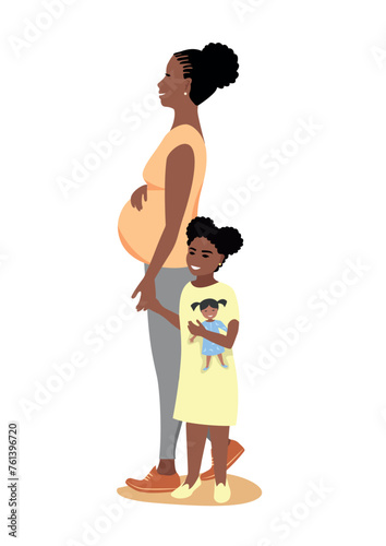 Happy pregnant mother walks with her daughter. The joy of motherhood. Love and care for children. Mothers Day. Isolated vector illustration.