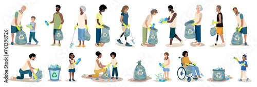 Men and women, elderly people and children of different nationalities remove plastic waste. Take care of the environment. Sorting, recycling and waste removal. Set of vector illustrations. © liana2012