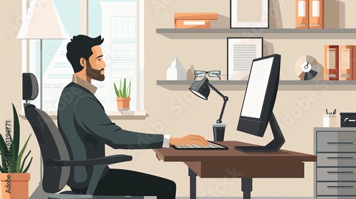 Man is sitting at desktop, Work the computer, Flat style illustration.