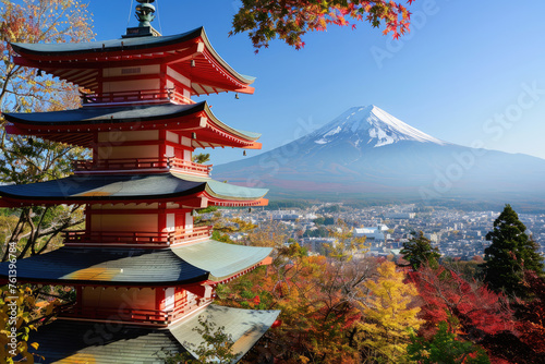 Colorful red pagoda with Mount Fuji in the background  depicting a Japan travel concept