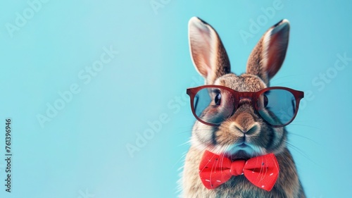 Easter Bunny wearing a bow tie and sunglasses. Funny Easter holiday and celebration concept. Copy-space for text.