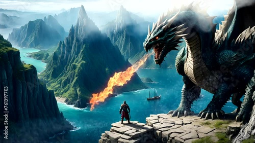 dragon on the cliff fighting with a warrior on mountains background. Seamless looping time-lapse 4k video animation background photo