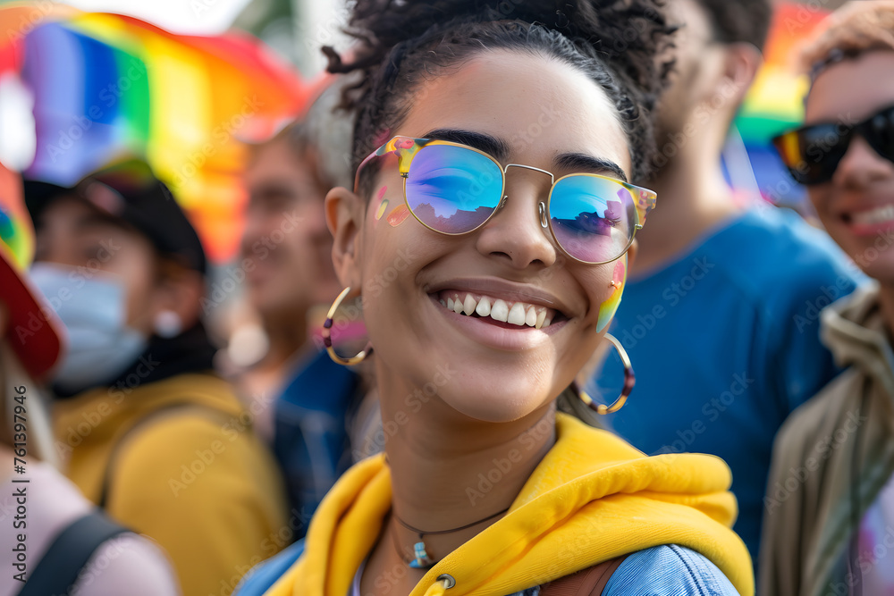 Black woman with sunglasses smiling in the middle of an LGBT demonstration. Generative AI