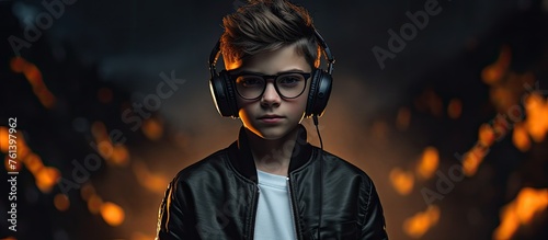 A young boy with glasses and headphones is standing in front of a fire, enjoying entertainment. His vision care paired with eyewear enhances the fun movie event experience