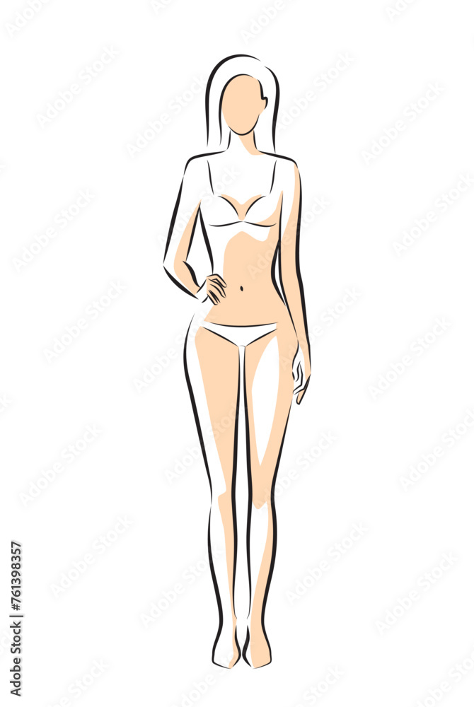 Woman body. Full-length standing portrait. Set of body-positive female. Five angles figure front, 3 of 4, side views shape. Vec
tor fashion silhouette outline line illustration