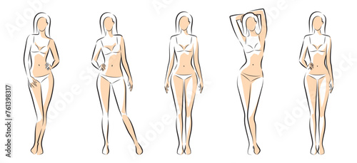 Woman body. Full-length standing portrait. Set of body-positive female. Five angles figure front, 3 of 4, side views shape. Vec tor fashion silhouette outline line illustration