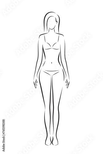 Woman body. Full-length standing portrait. Set of body-positive female. Five angles figure front, 3 of 4, side views shape. Vec
tor fashion silhouette outline line illustration