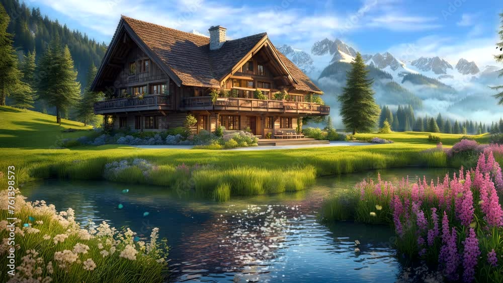 Luxury house on the lake with mountains landscape. Seamless looping time-lapse 4k video animation background Luxury house on the lake with mountains landscape. Seamless looping time-lapse 4k video animation background
