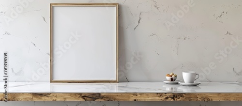 A rectangular picture frame hangs on a marble counter next to a cup of coffee in a building with hardwood flooring and metal fixtures photo