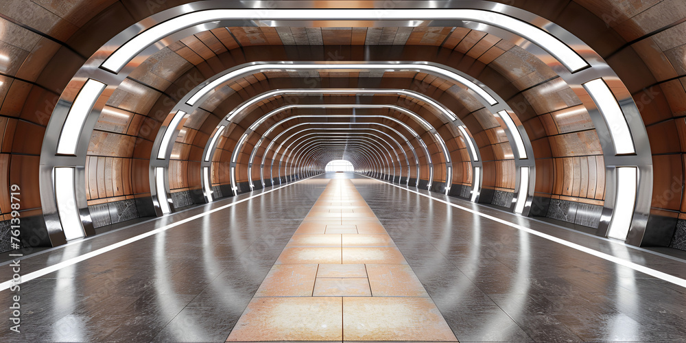 Abstract futuristic tunnel corridor with glowing lights and reflections Science fiction style beautiful brown background