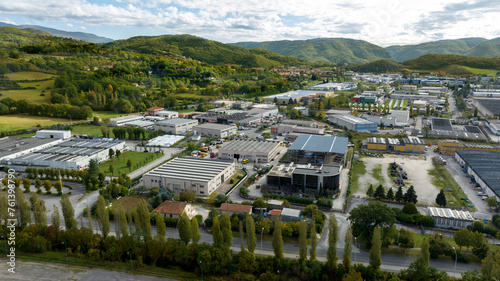 Aerial view of a large industrial area on the outskirts of a city.