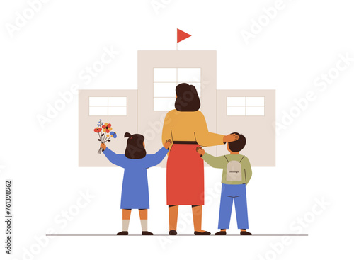 Back to school. Mother with daughter and son at the first day of study year near school building. Girl and boy with backpack and flowers walk to the class. Elementary education concept. Vector