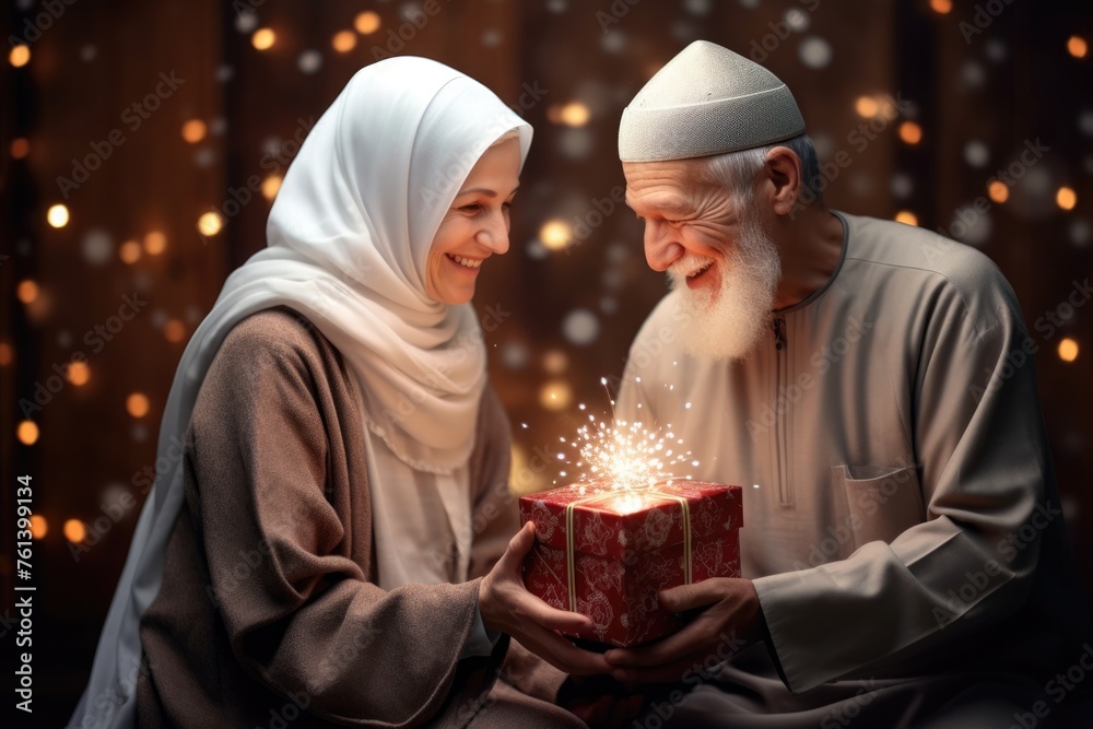 An elderly couple shares a special moment as they jointly hold a small, brightly lit cake.. Fictional character created by Generated AI. 