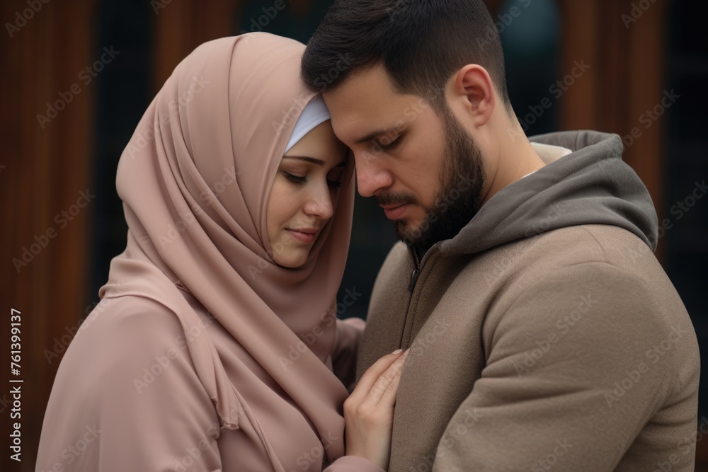 A Muslim woman and a bearded man in a brown jacket embrace each other. Fictional character created by Generated AI. A Muslim woman and a bearded man in a brown jacket embrace each other. Fictional character created by Generated AI.