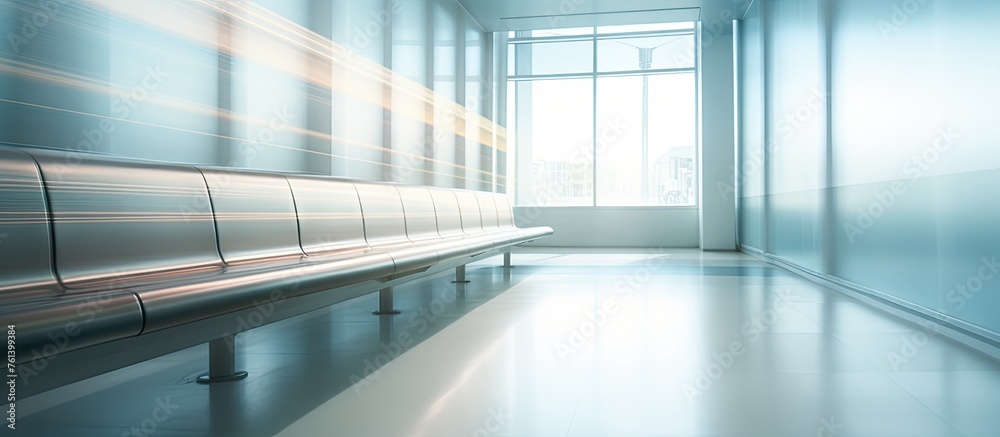 Building interior design featuring wooden benches along a large window overlooking water. A spacious waiting room with wooden flooring in a hall