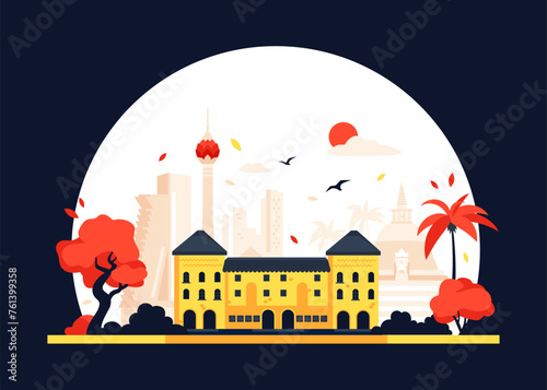 Sights of Sri Lanka - modern colored vector illustration in red and yellow colours against the background of the rising sun of the Asian country. Dagoba Ranweli, Colombo Lotus Tower and nature