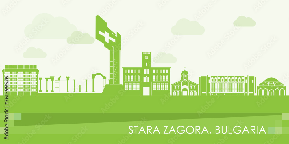 Green Skyline panorama of  city of Stara Zagora, Bulgaria - vector illustration - obrazy, fototapety, plakaty 