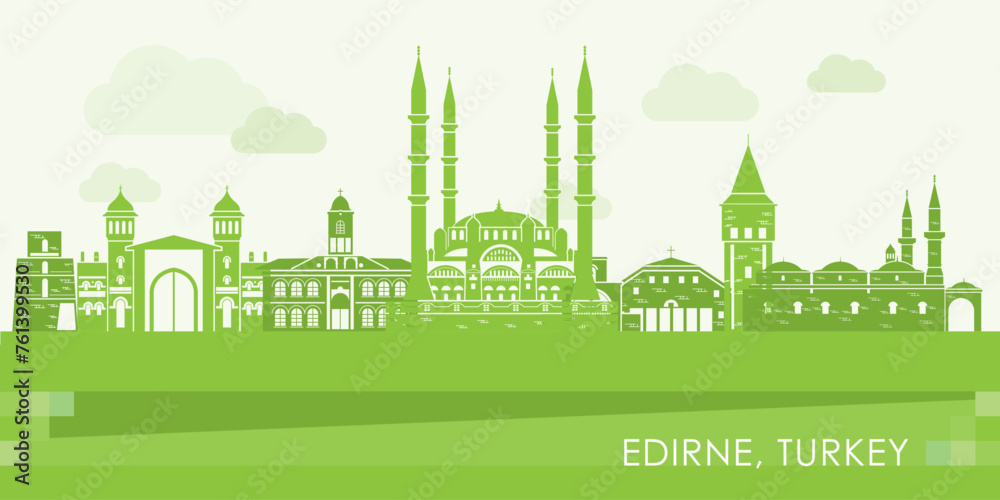 Green Skyline panorama of city of Edirne, Turkey - vector illustration - obrazy, fototapety, plakaty 