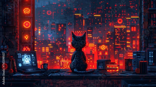 Futuristic cyberpunk city with a pixel cat on the foreground.