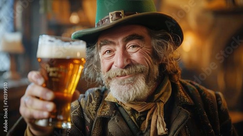 Man in a Green Hat Holding a Glass of Beer