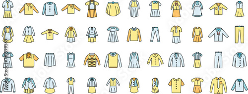School uniform icons set outline vector. Formal general. Class apparel thin line color flat isolated