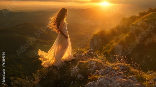 A woman in a long dress stands on a hillside, looking out at the sunset