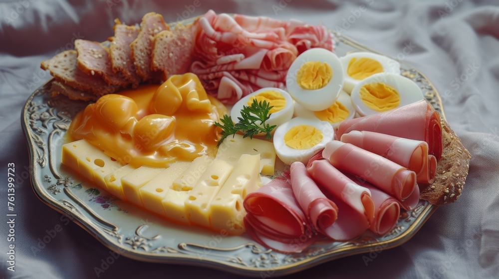 Variety of sliced cheese, meats, boiled eggs on a decorative silver tray for a luxurious brunch setup Variety of sliced cheese, meats, boiled eggs on a decorative silver tray for a luxurious brunch setup