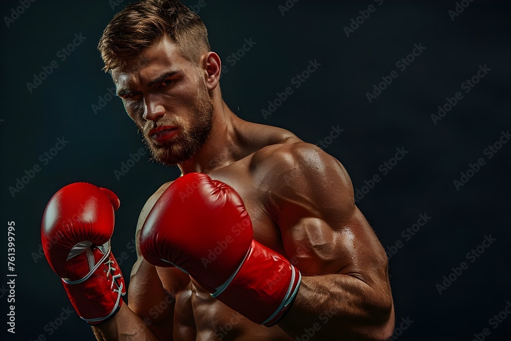 A powerful male boxer in gloves poses on black background athletic profile. Concept Athletes, Boxing, Sports Photography, Fitness, Studio Photoshoot