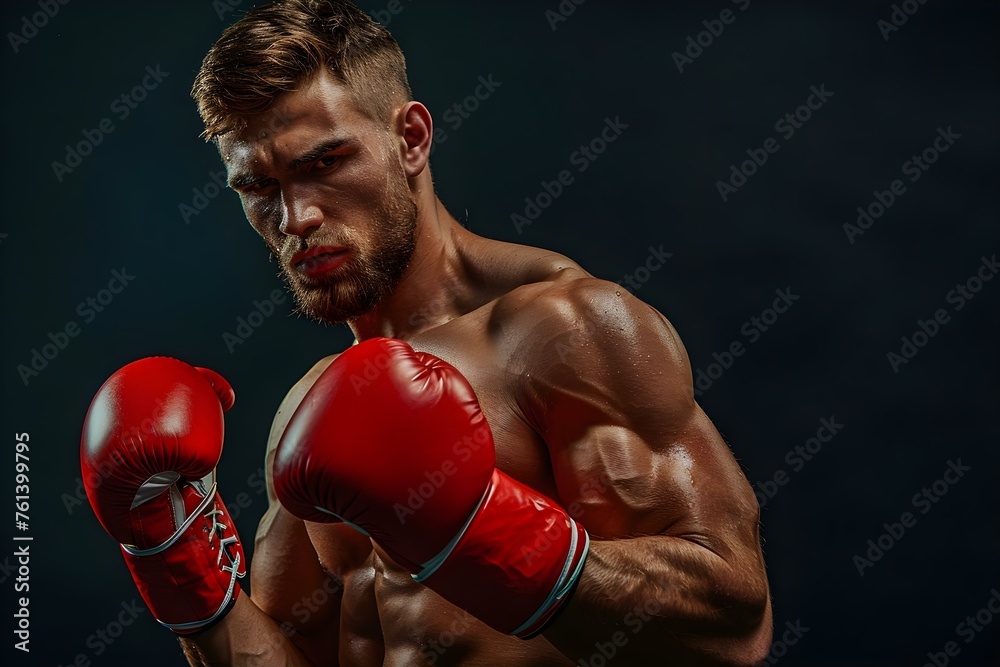 A powerful male boxer in gloves poses on black background athletic profile. Concept Athletes, Boxing, Sports Photography, Fitness, Studio Photoshoot A powerful male boxer in gloves poses on black background athletic profile. Concept Athletes, Boxing, Sports Photography, Fitness, Studio Photoshoot