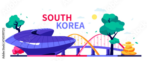 Sights of South Korea - modern colored vector illustration with Dongdaemun Design Plaza, Bridge in Daejeon