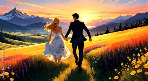 Married couple walking in the sunset. Seamless looping time-lapse 4k video animation background photo