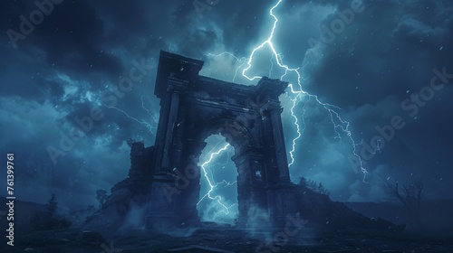 Holographic lightning effect striking a historic monument during a storm photo