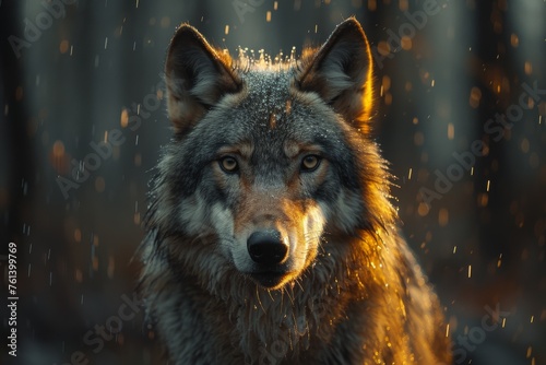 Captivating close-up of a wolf with vivid eyes and snowflakes clinging to its fur in a mystical forest setting