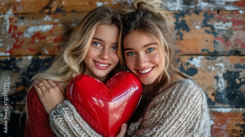 Two Women Hugging With Heart Shaped Pillow