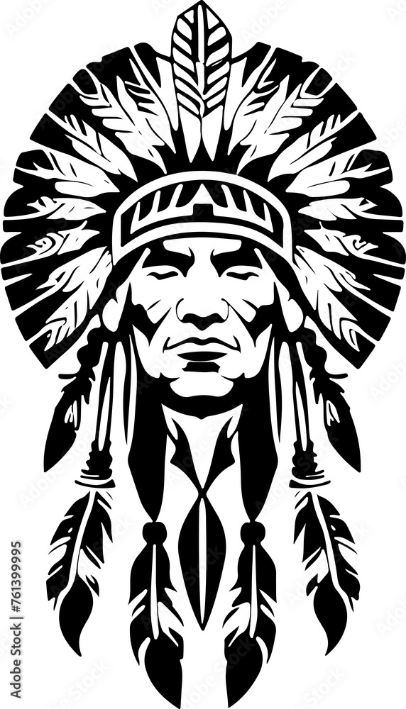 A Super iconic Native American chief in a black and white vector illustration, Suitable for logo design, tattoo design or print on demand
