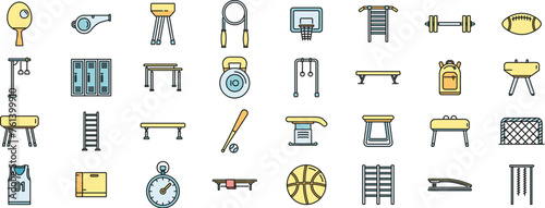 School gym icons set outline vector. Club equipment. Room bag thin line color flat isolated