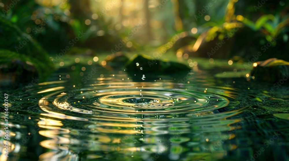 Holographic water ripples spreading across a magical pond hidden in a forest Holographic water ripples spreading across a magical pond hidden in a forest