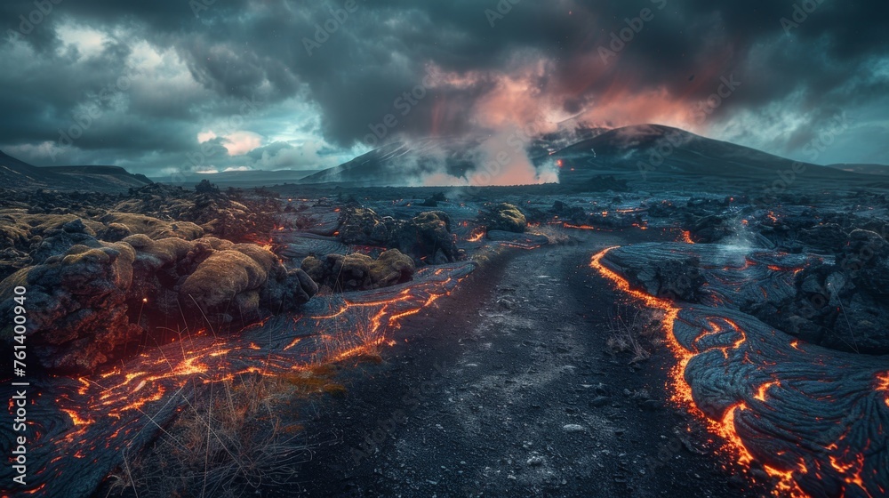 A desolate landscape with a volcano in the background A desolate landscape with a volcano in the background