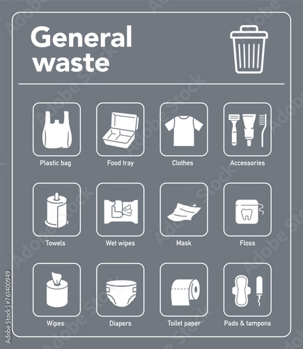 Ready sets of icons for separating general waste. Vector elements are made with high contrast, well suited to different scales and on different media. Ready for use in your design. EPS10.