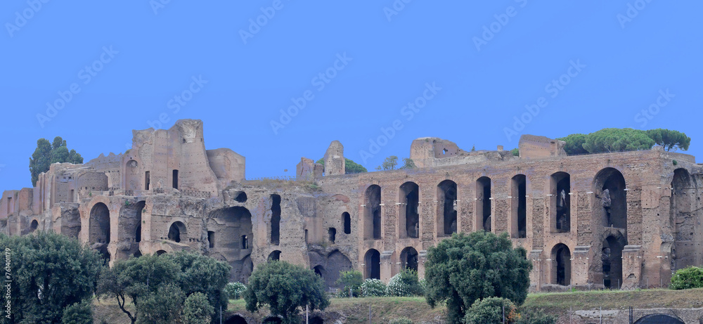Ruines of the 3th century Caracalla Thermen with blue sky in Rome, Italy