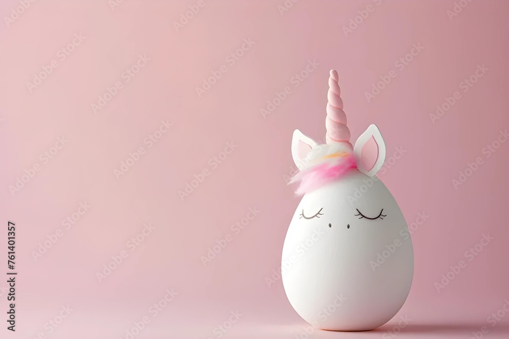 Whimsical Unicorn-Decorated Egg on a Minimal Pastel Background with Ample Copy Space for Creative Expressions. Whimsical Unicorn-Decorated Egg on a Minimal Pastel Background with Ample Copy Space for Creative Expressions.
