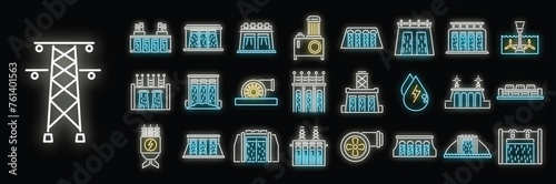 Hydro power icons set outline vector. Eco water. Alternative energy neon color isolated
