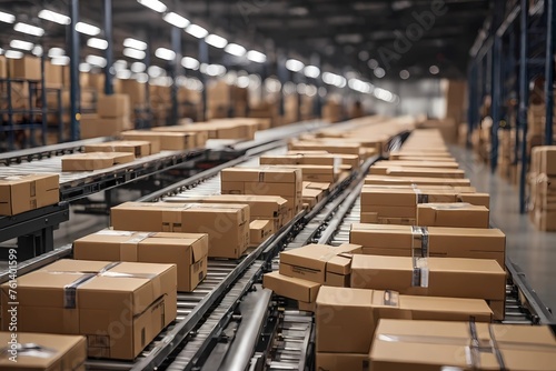 "Dynamic cardboard boxes on conveyor belt, showcasing e-commerce delivery automation. Illustrates modern logistics efficiency." © Imranstudio 