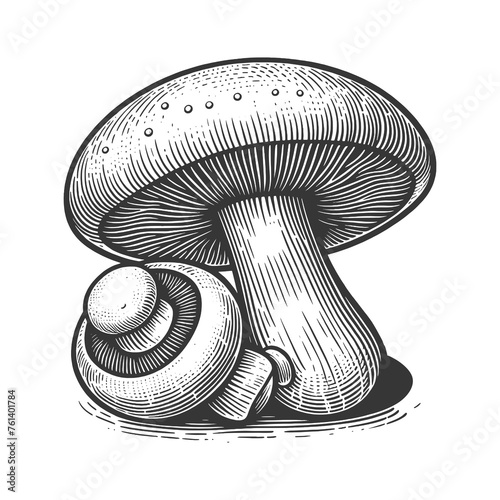 Mushrooms champignon, showcasing detailed line art sketch engraving generative ai raster illustration. Scratch board imitation. Black and white image. photo