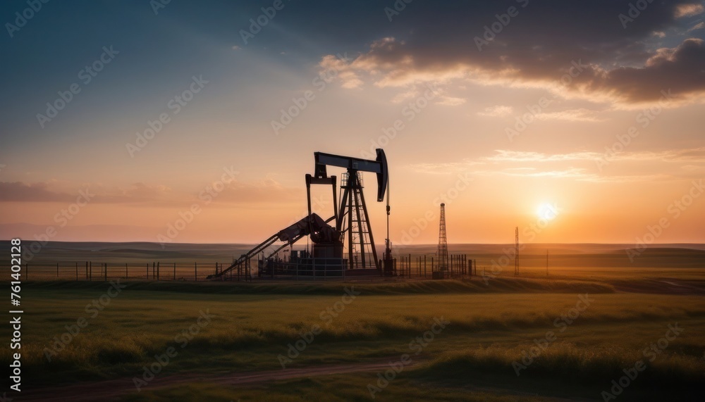 Oil fracking in the middle of the countryside at amazing sunset