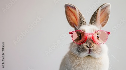 Fun Easter concept Holiday Animal celebration greeting card - Cool Easter Bunny, bunny with pink sunglasses on solid color background © SHI