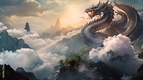 A dragon on the high mountains with a cloud of Chinese culture